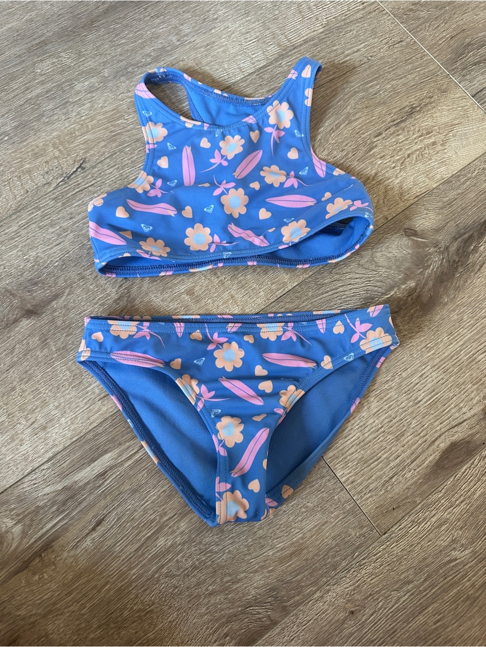 Roxy Girls Blue Bikini Set with Pink Floral Surf Print